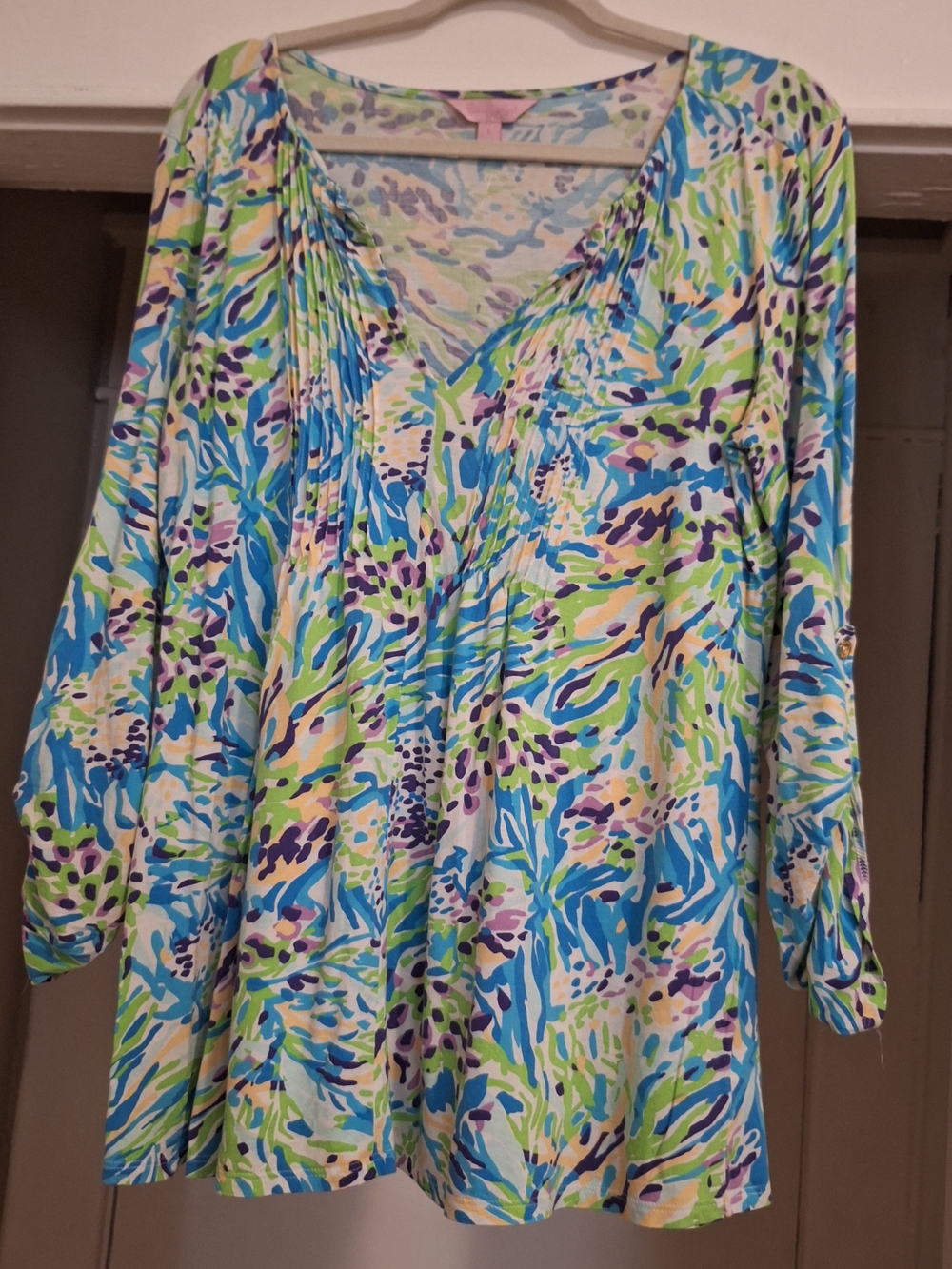 Lilly Pulitzer Blue, Green & Purple Pintuck V-Neck Tunic
